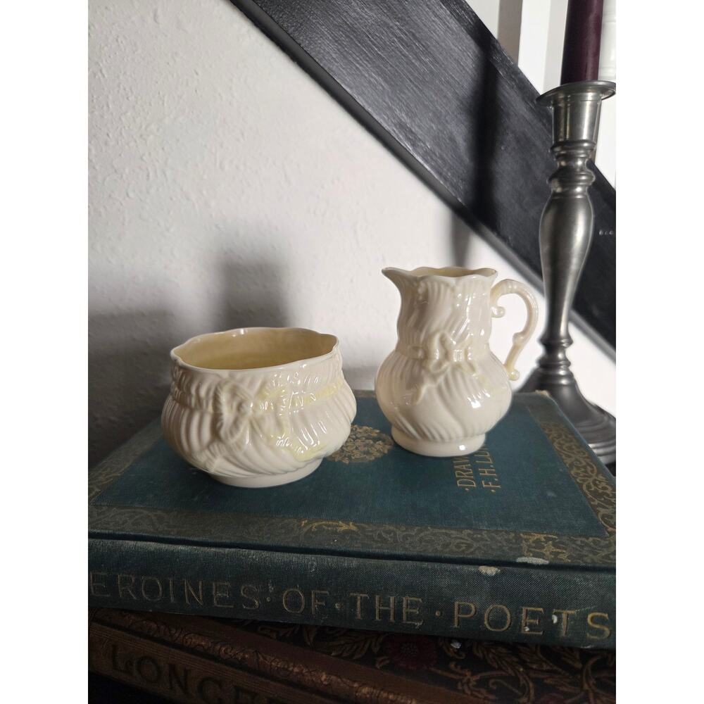 Belleek Ribbon Bow Creamer and Sugar Set Ireland Ivory Parian Porcelain Vintage